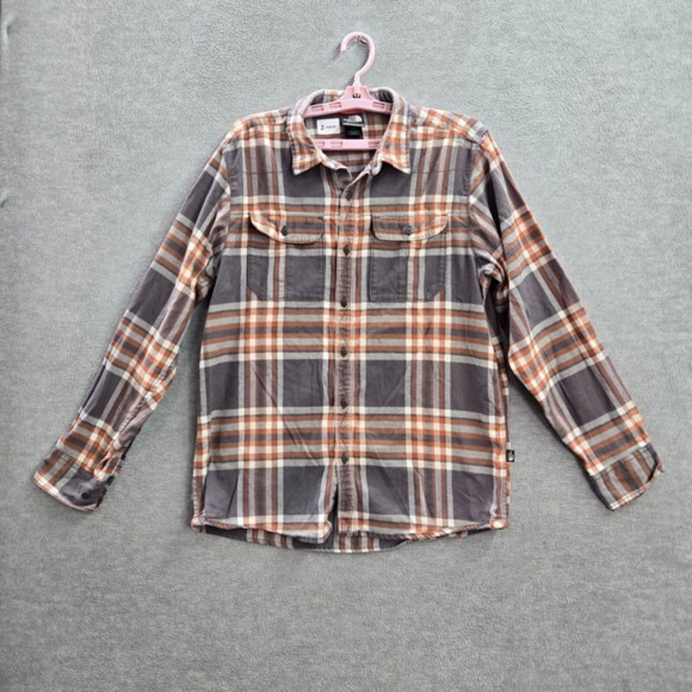 The North Face Men Button Up Shirt M Gray Orange Plaid Long Sleeve Logo Cotton